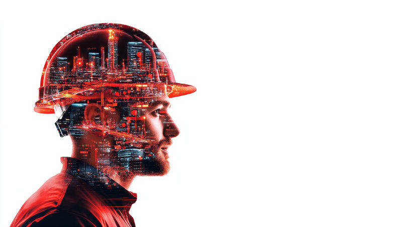 Profile portrait composited with a digital city