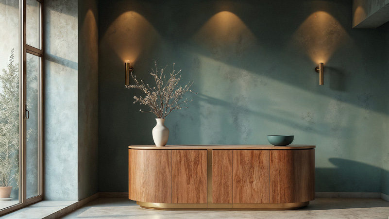 Curved timber credenza in a warmly lit interior